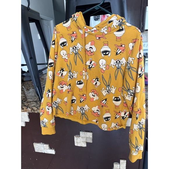 Looney Tunes Mania Tops - Looney Tunes Womens Cropped Hoodie Yellow Long Sleeve Pullover Graphic L